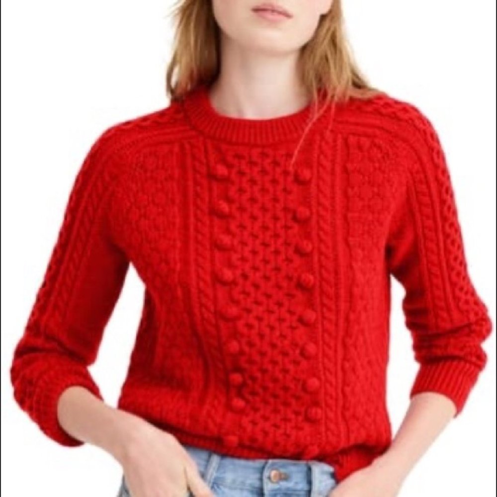 J Crew S Sweater Pom Pom Cable Knit Chunky Red